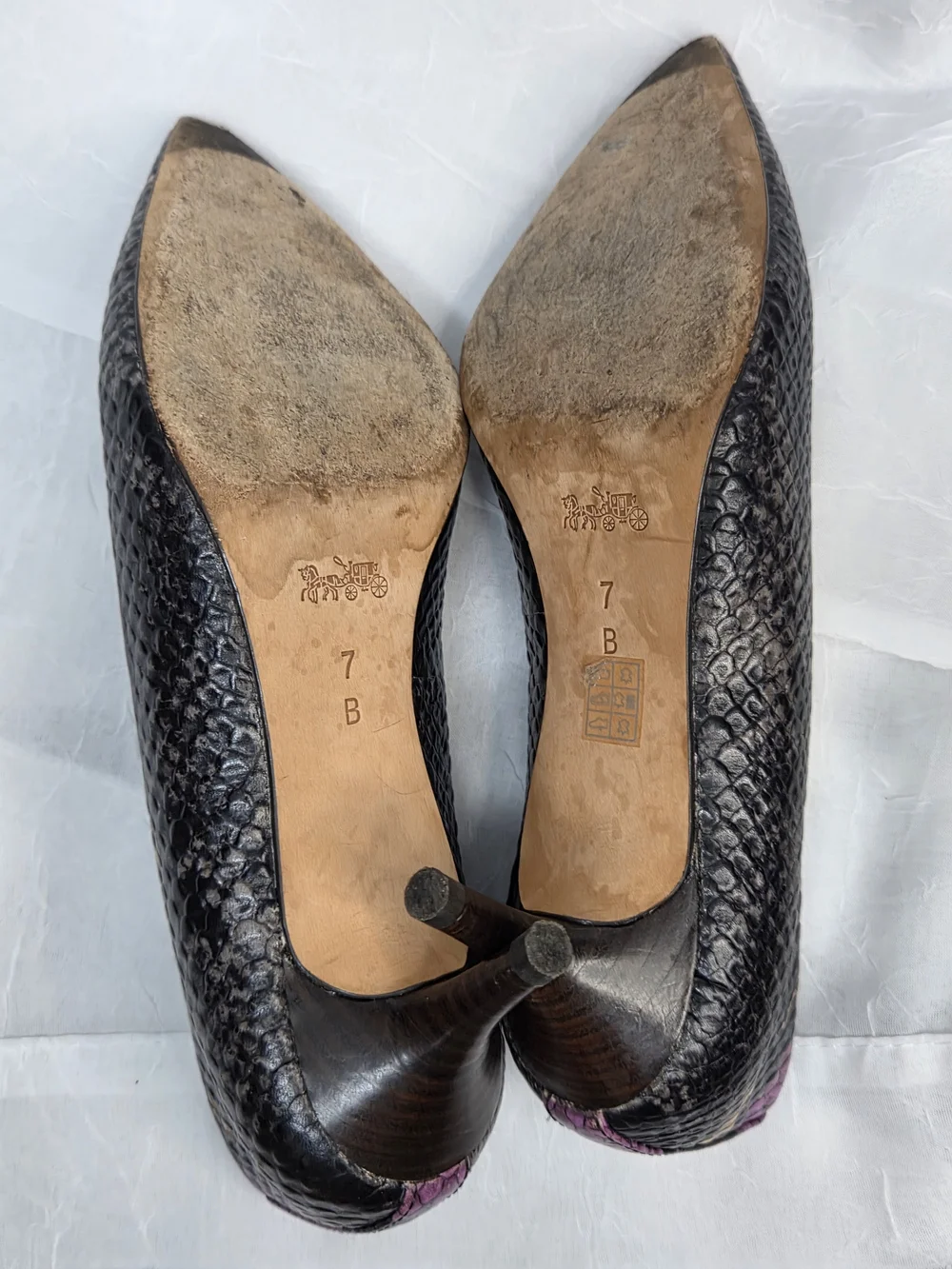 Coach Lacey Python Embossed Leather Purple + Black Snakeskin Pointed Toe Size 7B